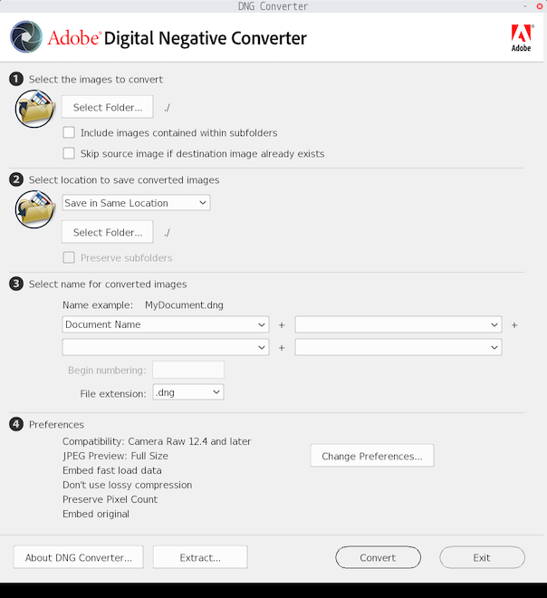 Adobe DNG Converter main window