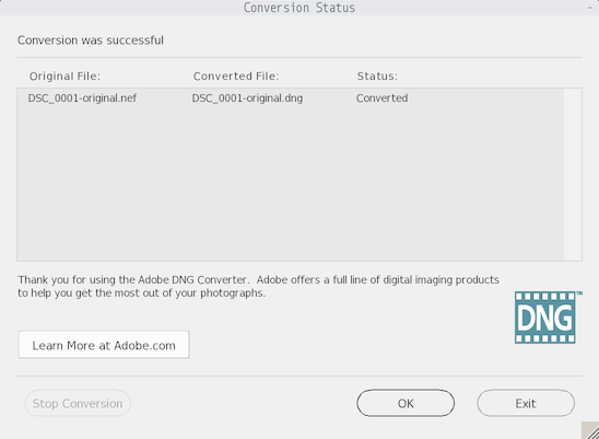 Adobe DNG Converter conversion status window